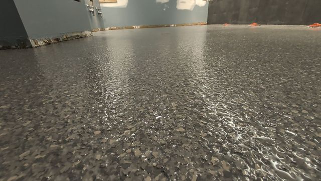 Koala epoxy flake floor over tile in college restrooms in Flat Rock, NC