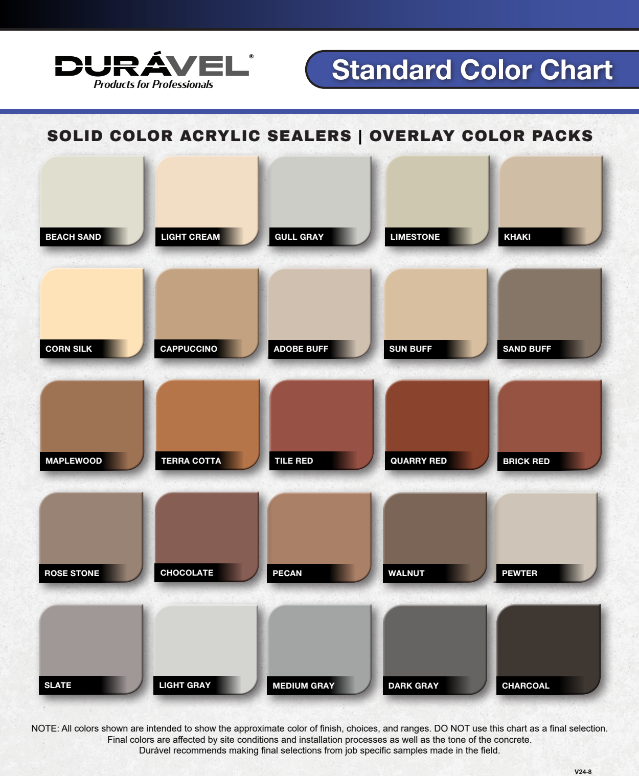 A standard color chart for duravel solid color acrylic sealers