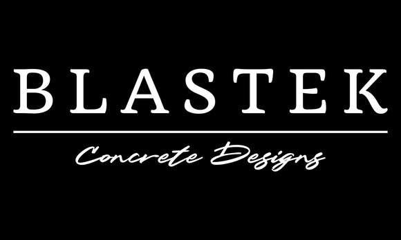 The logo for blastek concrete designs is white on a black background.