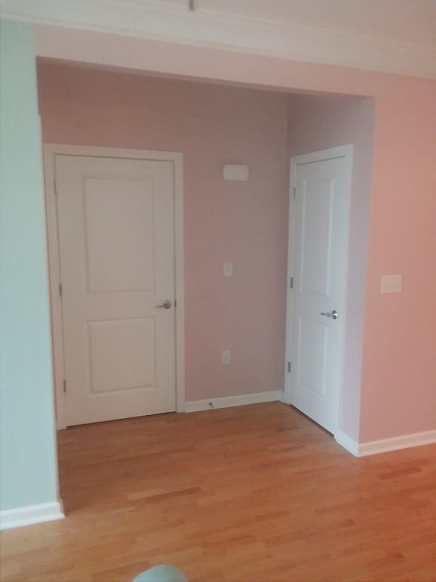 Empty pink room with wood floor and two white doors