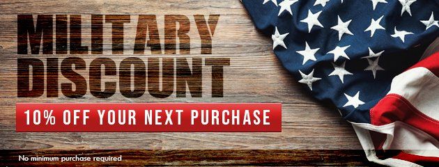 Military discount banner with U.S. flag and text: “10% off your next purchase”