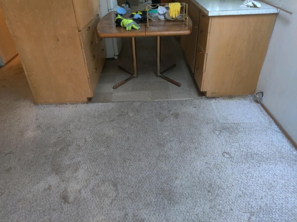 Dirty carpet in front of a kitchen with a table and cabinets.