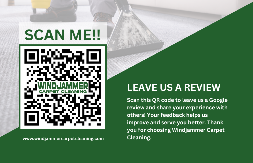 Green advertisement with a QR code for Windjammer Carpet Cleaning. Reads