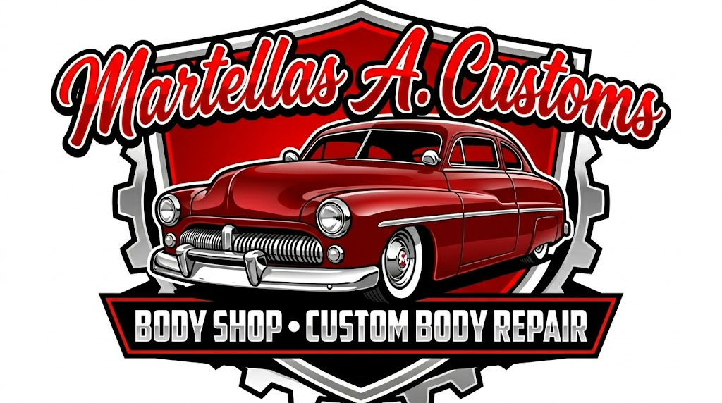 Martellas A. Customs logo with a red classic car and text &ldquo;Body Shop &bull; Custom Body Repair&rdquo;