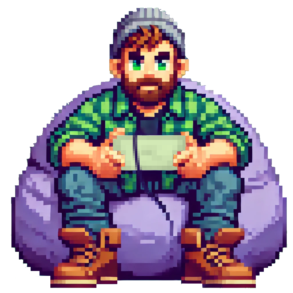 A pixel art of a man sitting on a bean bag chair playing a video game.