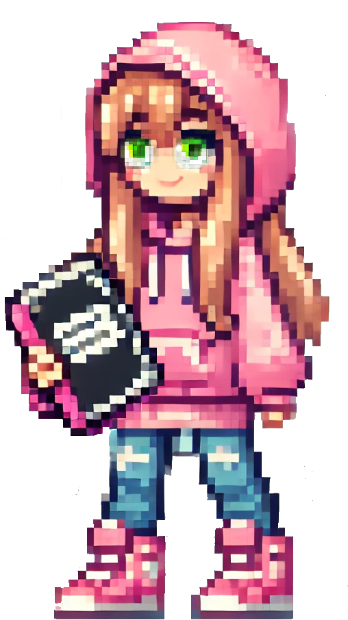 A pixel art of a girl in a pink hoodie holding a book.