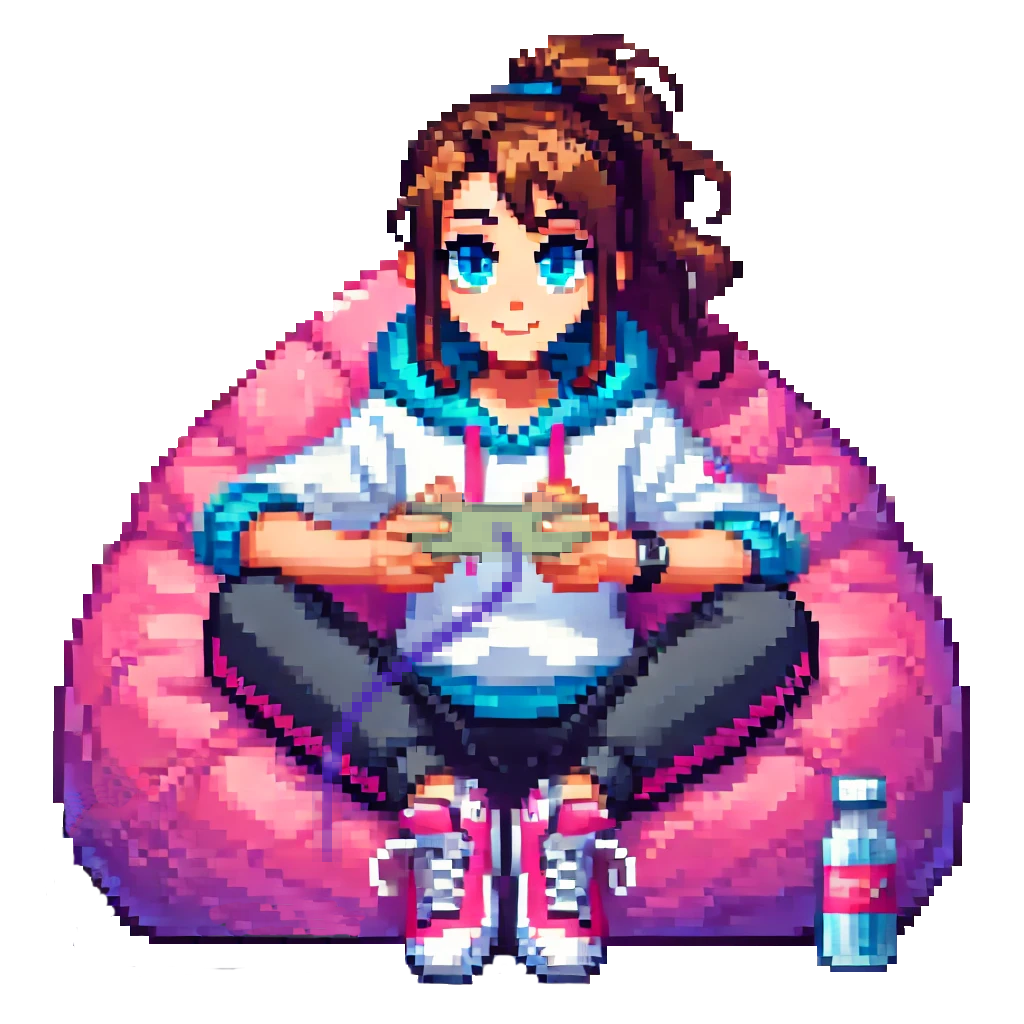 A pixel art of a girl sitting on a bean bag chair playing a video game.