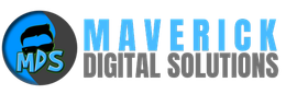 The logo for maverick digital solutions is blue and gray