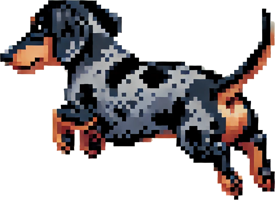 A pixel art illustration of a dachshund jumping in the air. Penny Hunting Leads