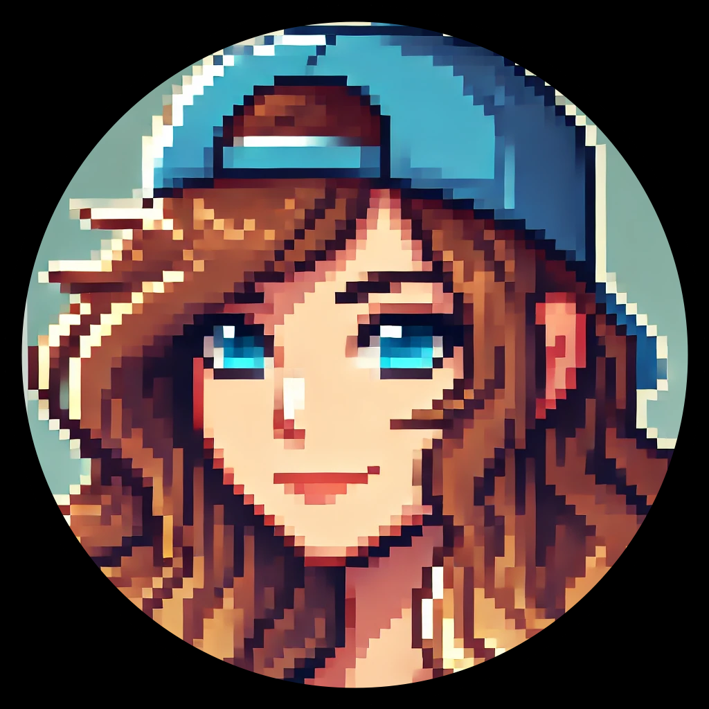 A pixel art of a girl wearing a blue hat. Lauren-Boss