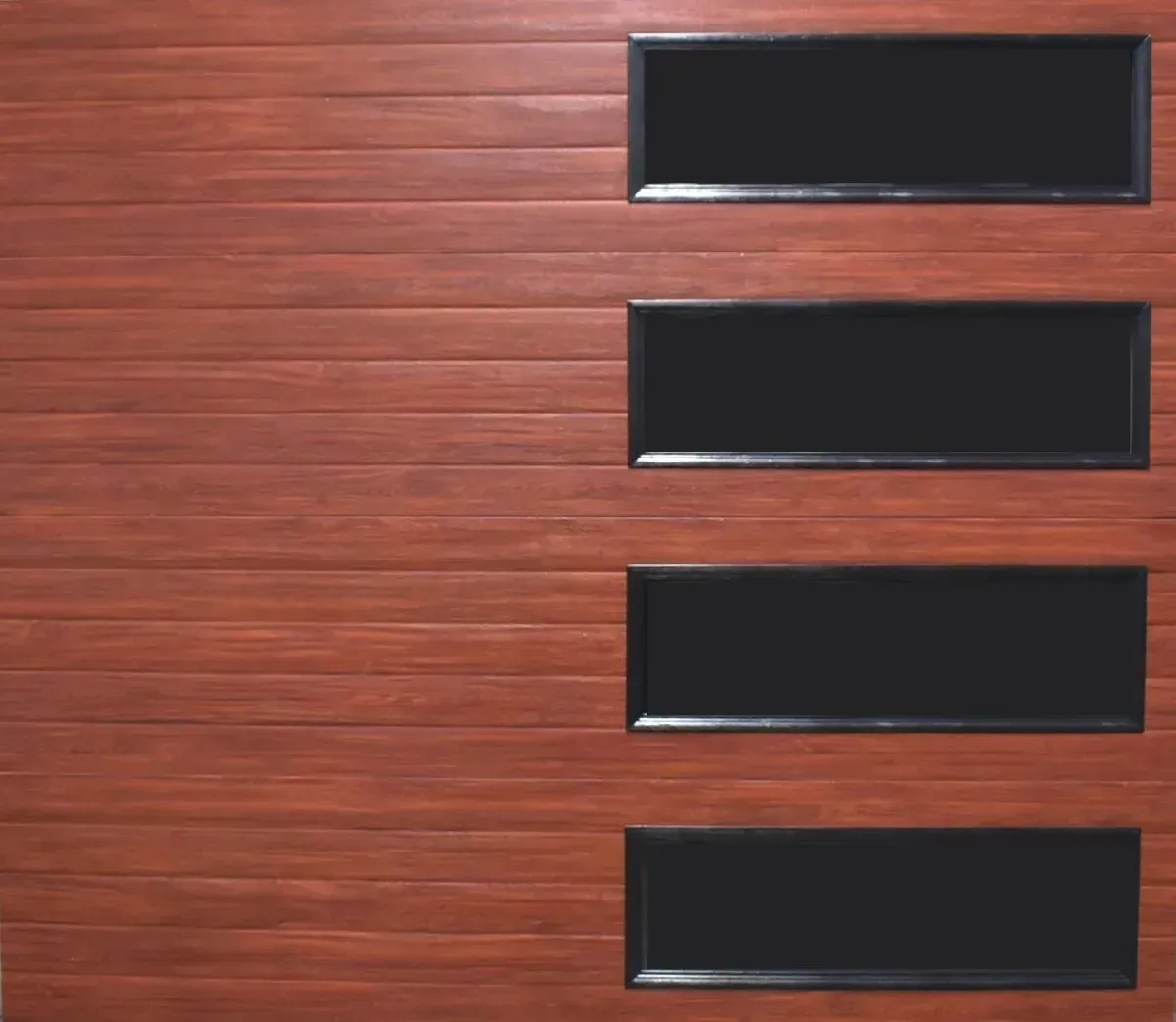 Wooden wall with four horizontal black rectangular window or vent openings on the right