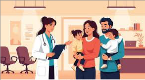 A doctor discusses a chart with a family in a clinic. The family includes two children.