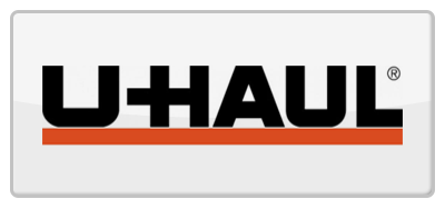 U-Haul logo: black text on an orange line, within a white rounded rectangle.