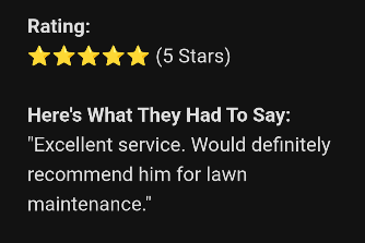 A five-star rating review for lawn maintenance that reads: