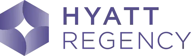 Hyatt Regency logo: Purple geometric shape and text.