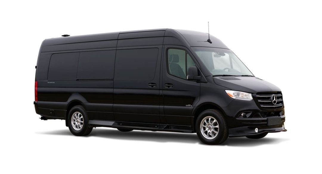 Black Mercedes Sprinter van on a white background, viewed from a side angle.