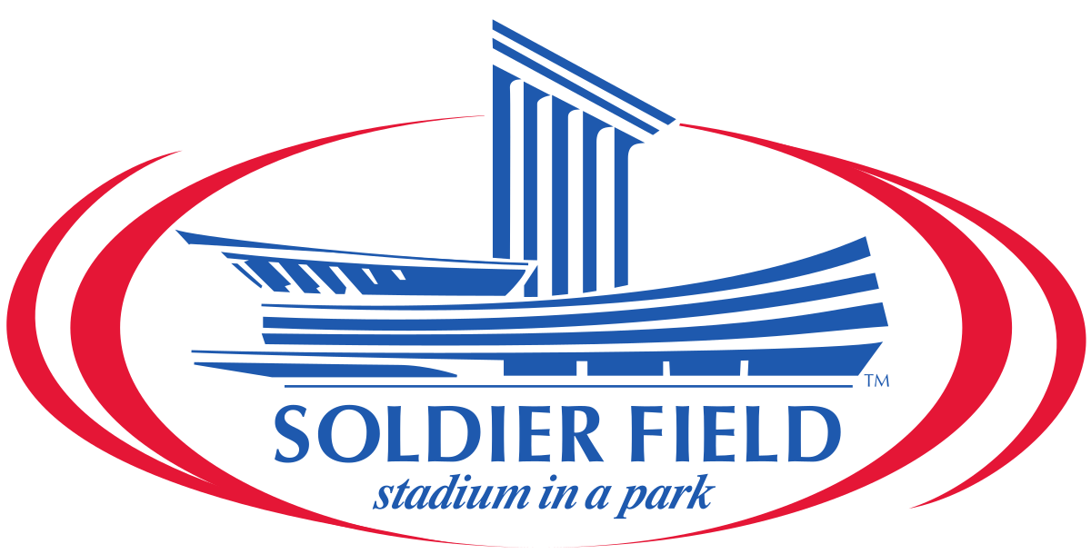 Soldier Field stadium logo with blue stadium design inside a red oval, text: 