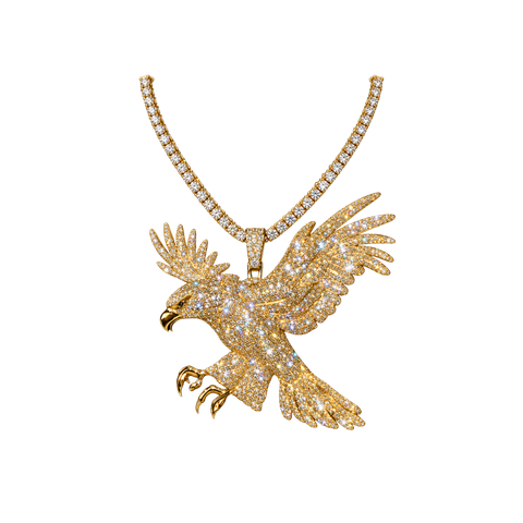 Gold eagle pendant necklace with sparkling stones on a white background