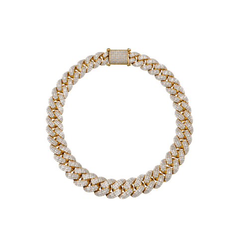 Gold-toned Cuban link bracelet with a rectangular clasp, shown on a white background