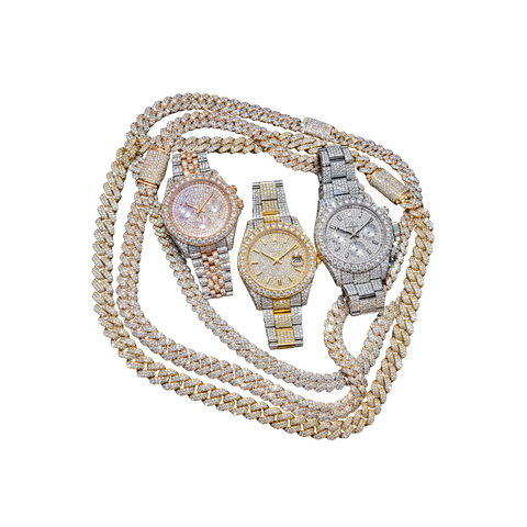 Three diamond watches with matching gold and silver chains on a white background