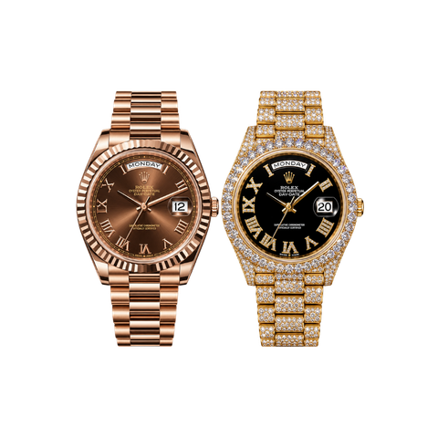 Two luxury wristwatches, one rose gold and one gold with diamonds, on a white background