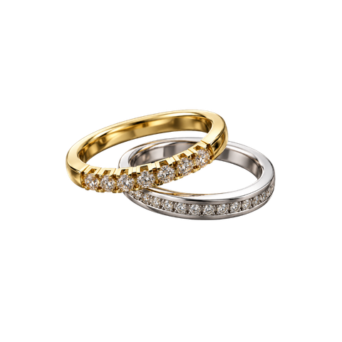 Two intertwined gold and silver diamond rings on a white background