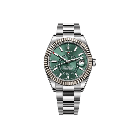 Silver wristwatch with green dial and striped bezel on a stainless steel band