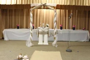 Wedding altar with draped tables, draped arch, mic. Beige and pink accents.