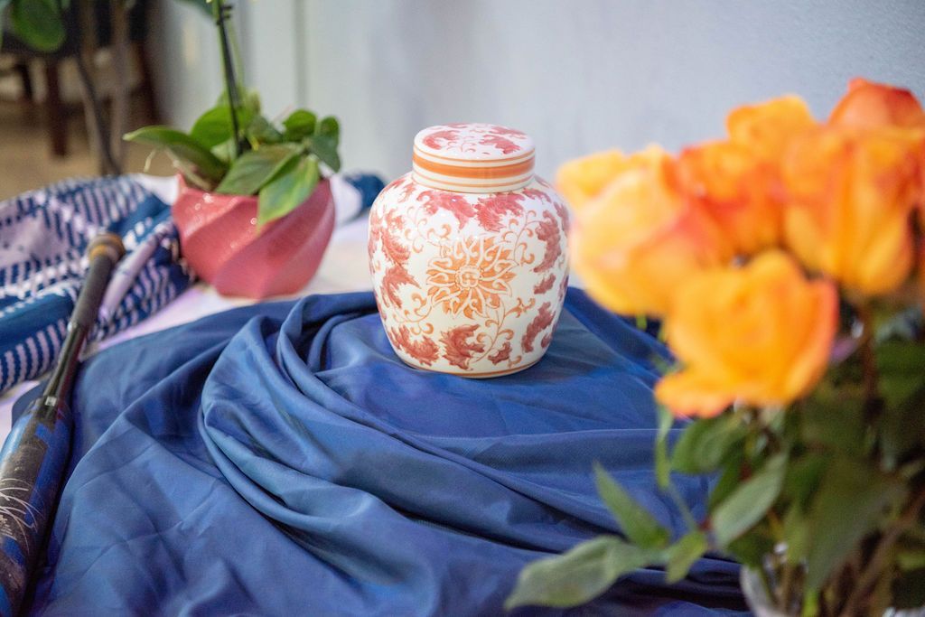 Personalized memorial display with urn and flowers at ClearPath Cremation Center in Grand Prairie, Texas