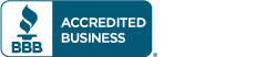 BBB Accredited Business logo with white torch icon on teal background