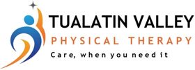 Tualatin Valley Physical Therapy logo with blue and orange abstract figure and tagline “Care, when you need it”