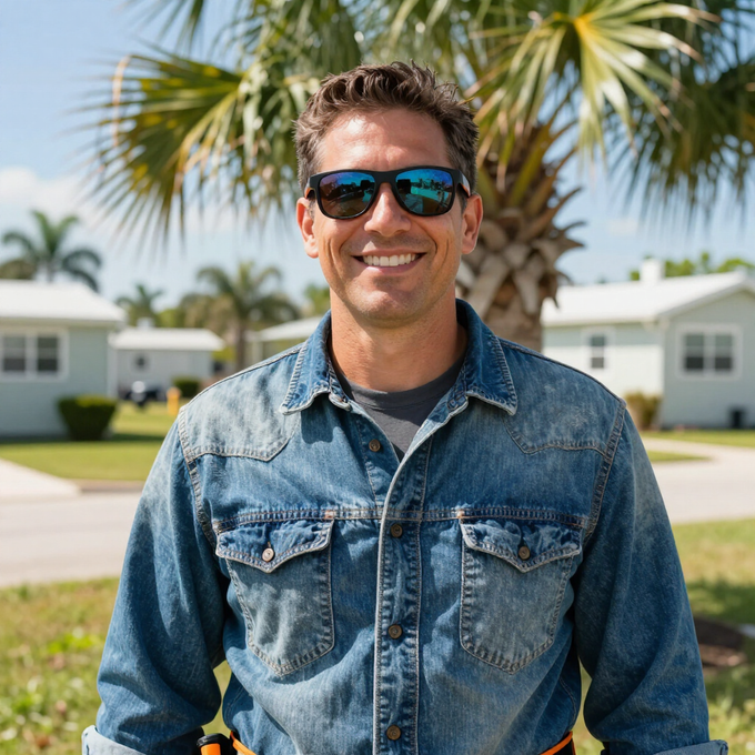 Smiling mobile home services professional in sunglasses and denim jacket standing outdoors in a mobile home park