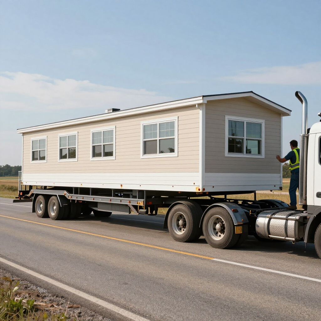 Manufactured home being transported on a flatbed truck along a road