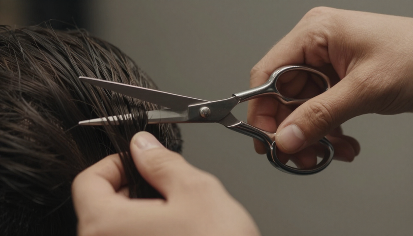 Barber's hands mid-cut with scissors close to a client's hairline