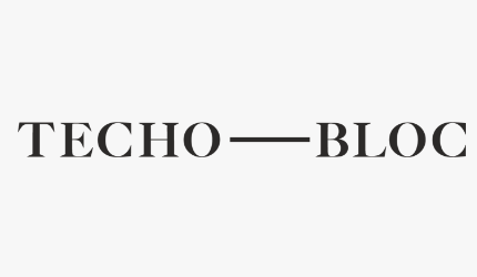 A black and white logo for techo bloc on a white background.