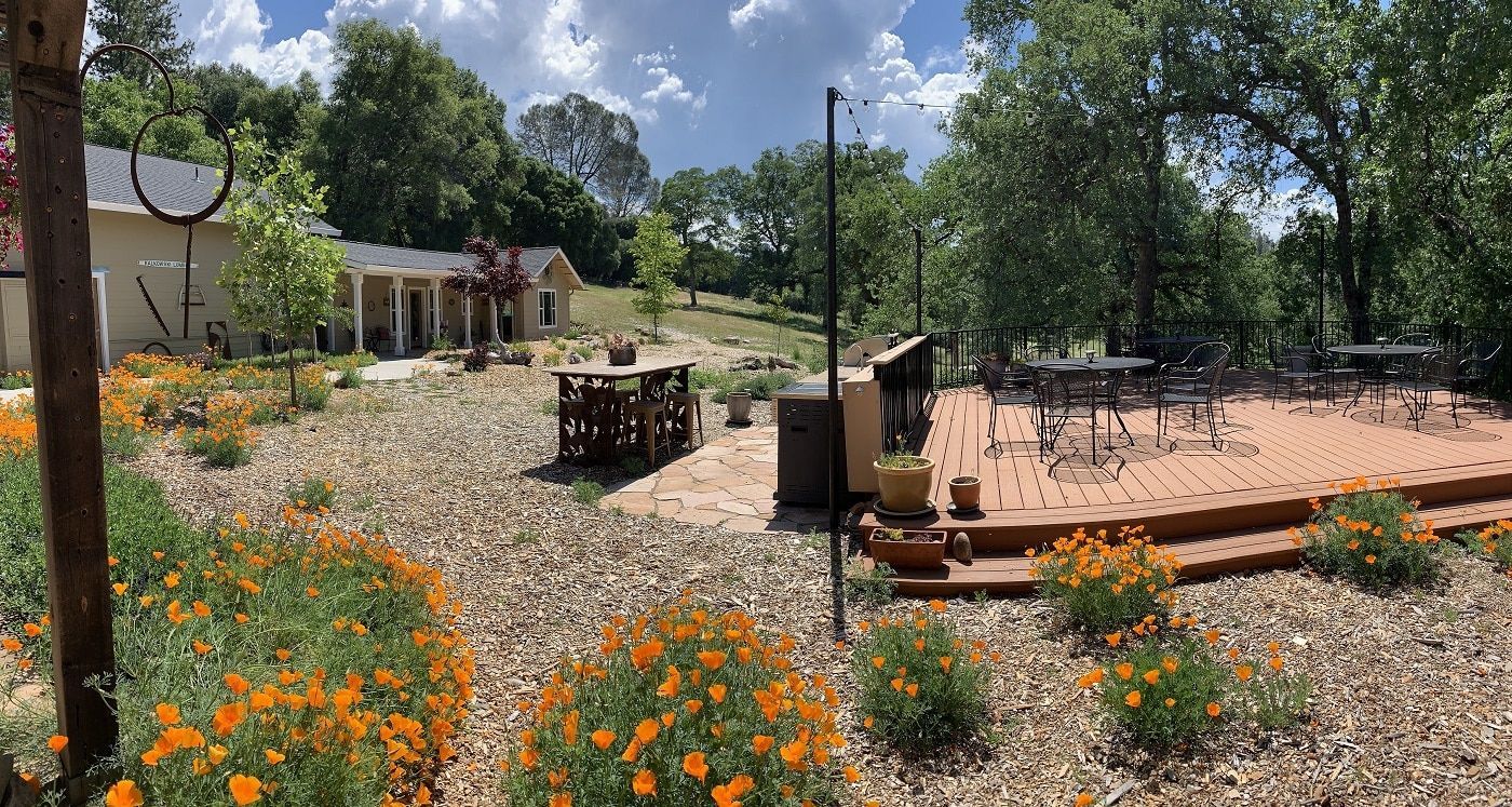 There is a large deck with tables and chairs in the backyard.
