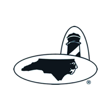 Black North Carolina state silhouette with a lighthouse icon in an oval logo.