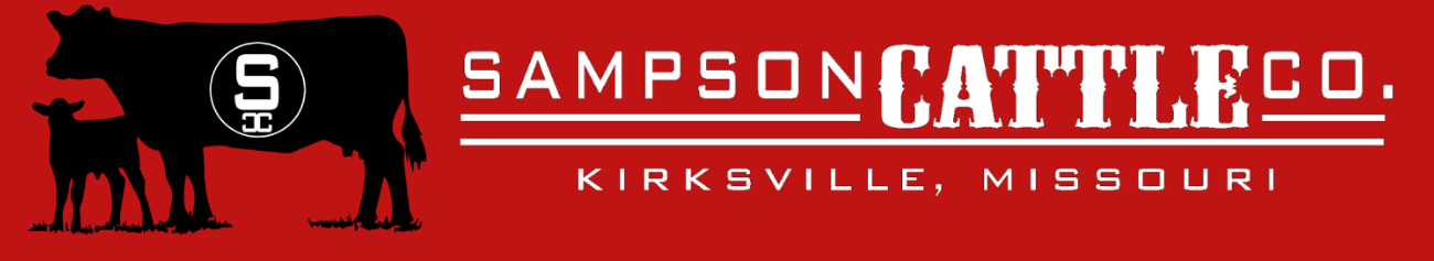 Sampson Cattle Co. logo with black cow silhouette and red text on a black-and-red banner, Kingsville, Missouri
