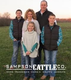 Five people posing in a field at sunset, with Sampson Cattle Co. text at the bottom.