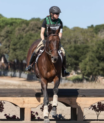 A person is riding a brown horse over a wooden bridge