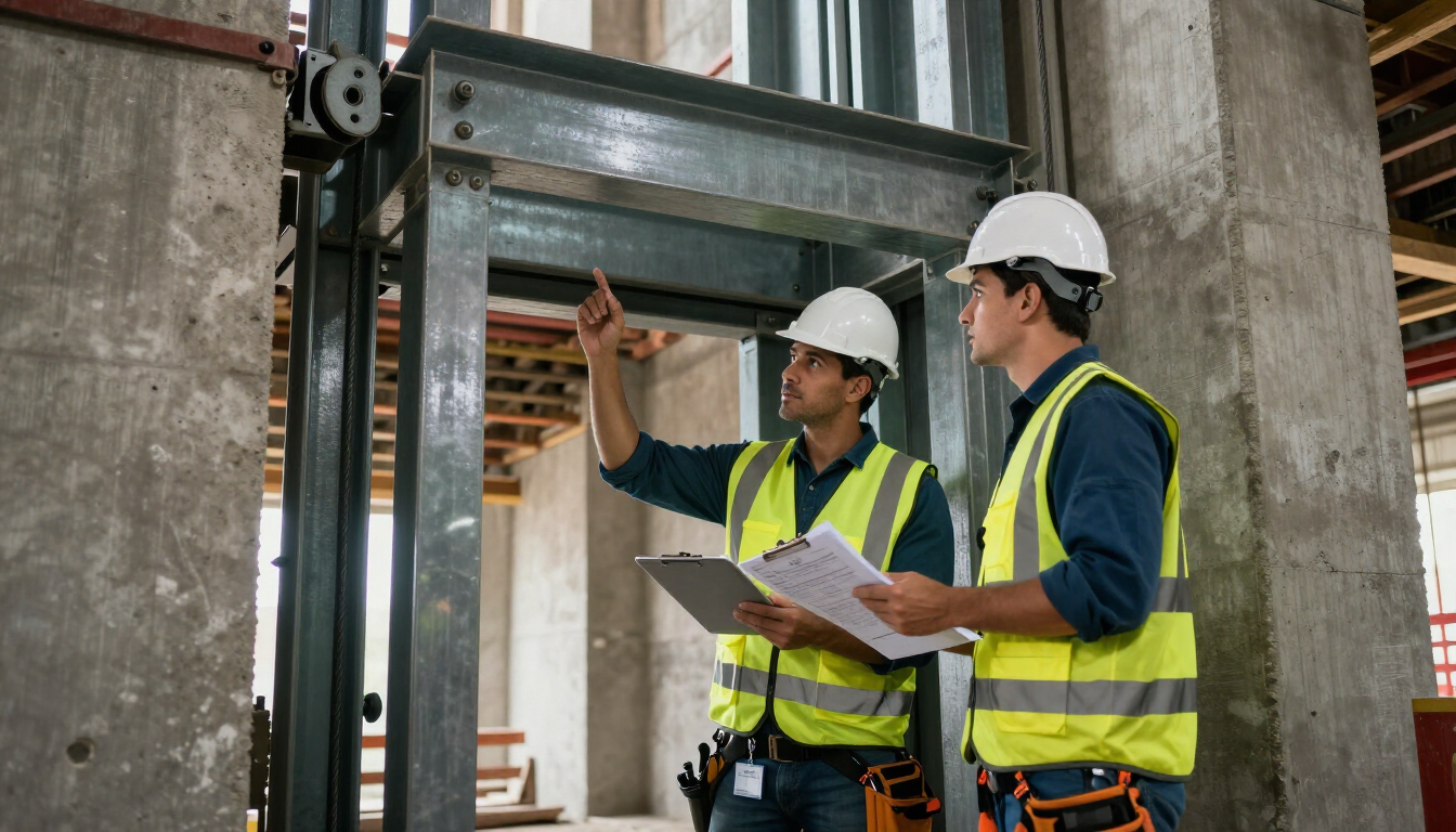 Dos obreros de la construcción, con cascos y chalecos de seguridad, revisan planos en una obra en construcción sin terminar.