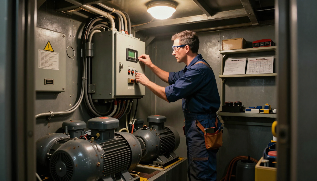 Técnico ajustando un panel de control eléctrico en una sala de maquinaria industrial con poca luz.
