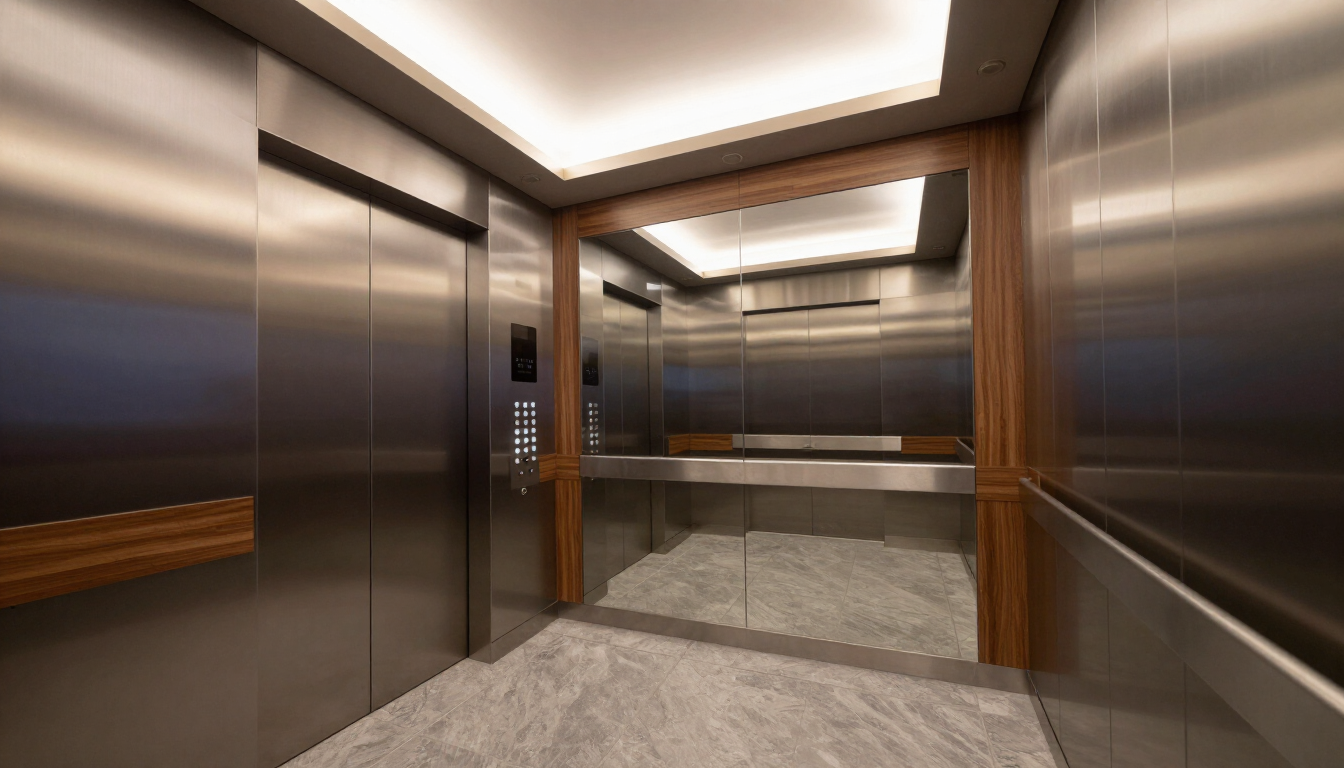 Interior de ascensor moderno y vacío con paredes de acero inoxidable, molduras de madera y suelo de moqueta gris.