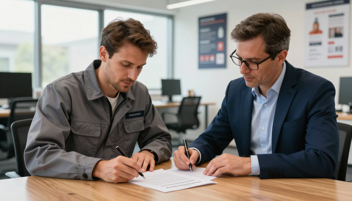 Dos compañeros revisan documentos en un escritorio en una oficina luminosa.