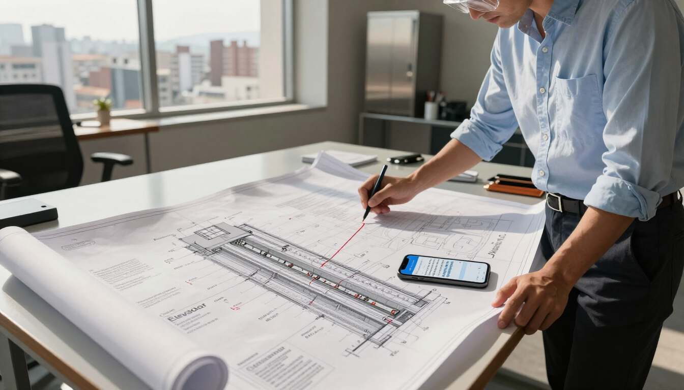 Una persona se inclina sobre unos planos arquitectónicos de gran tamaño que hay sobre un escritorio.