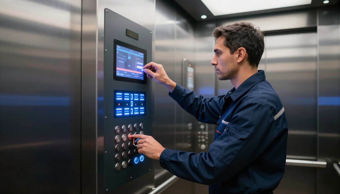 Hombre manejando un panel de control en un ascensor de acero inoxidable, presionando botones iluminados
