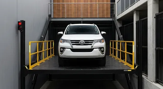 Un SUV blanco sobre una plataforma elevadora en un taller industrial, con barandillas de seguridad amarillas