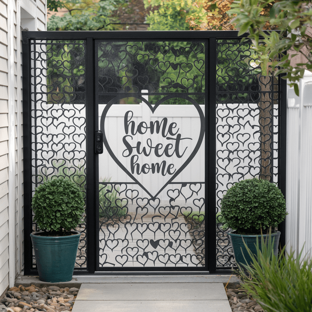 A security door screen with a pattern of intertwined hearts and the text 