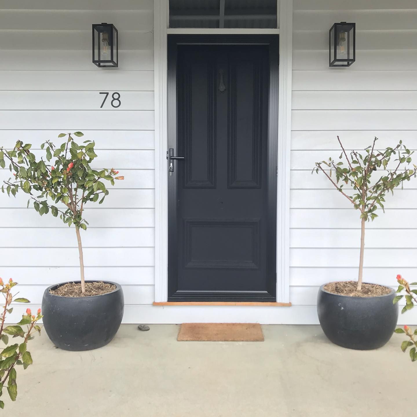 A black security door on a Northern Victorian home with the number 78 on it.
