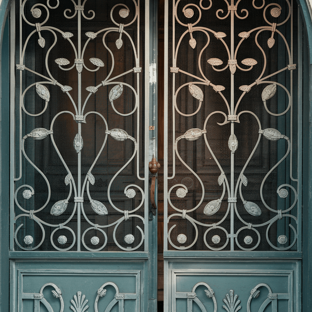 Victorian-era style security screen door. The door has a wrought iron design with intricate patterns